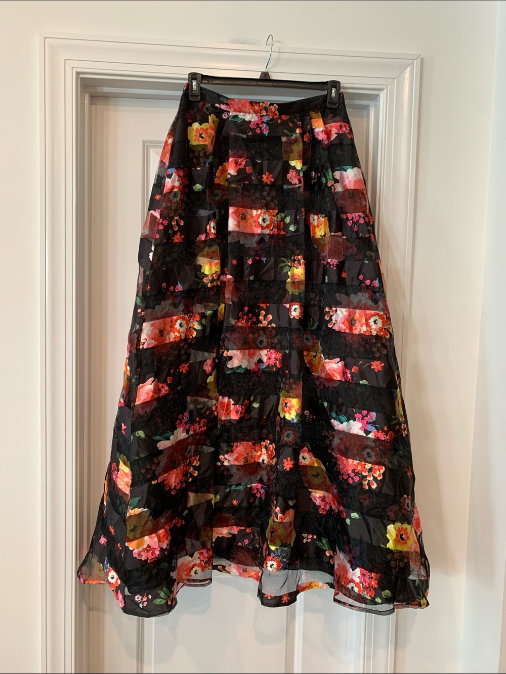 Vintage full  A-Line Maxi Skirt in Black with Multicolor Blooms-4 layers 10